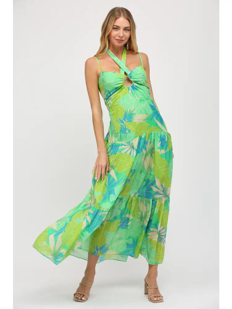 Tropical Leaf Print Front Key Hole Maxi Dress