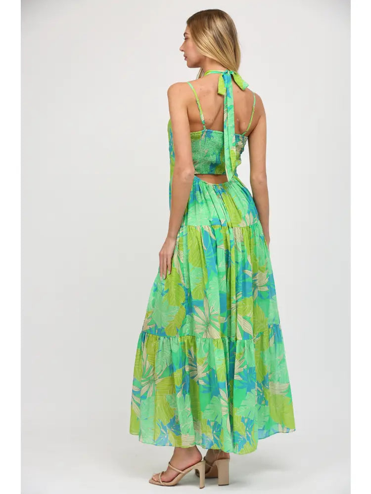 Tropical Leaf Print Front Key Hole Maxi Dress