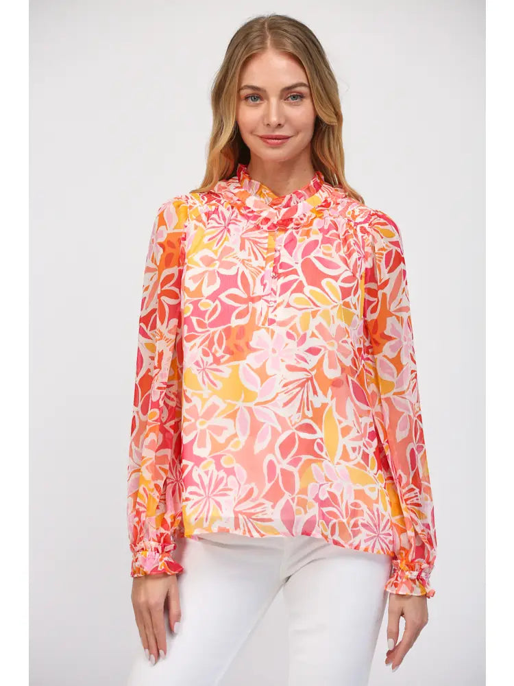 Ruffle Neck Detail Partial Button Front Blouse
