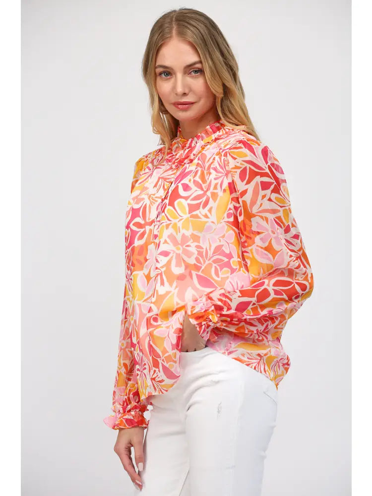Ruffle Neck Detail Partial Button Front Blouse