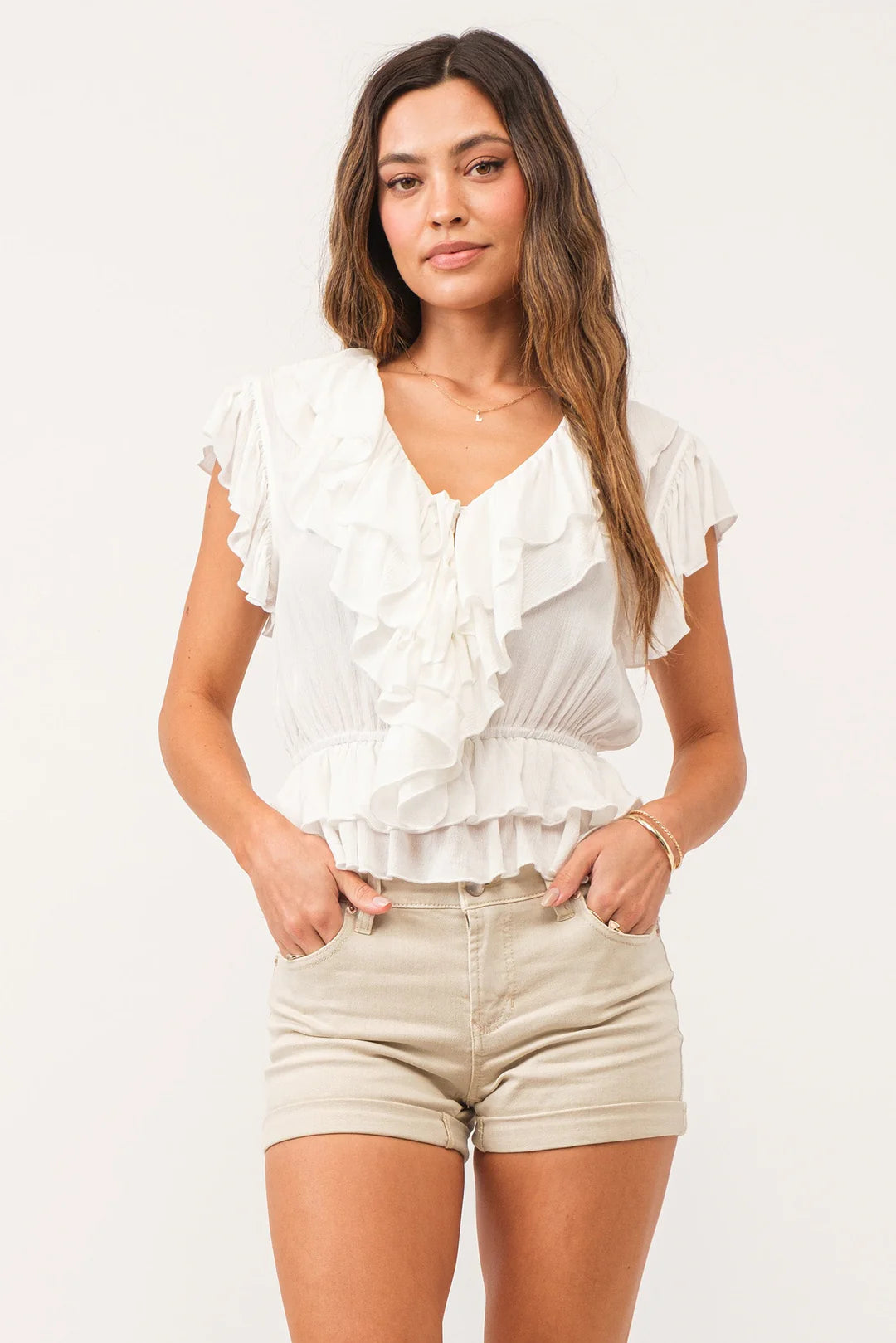 TRISTEN MULTI RUFFLE TOP WHITE