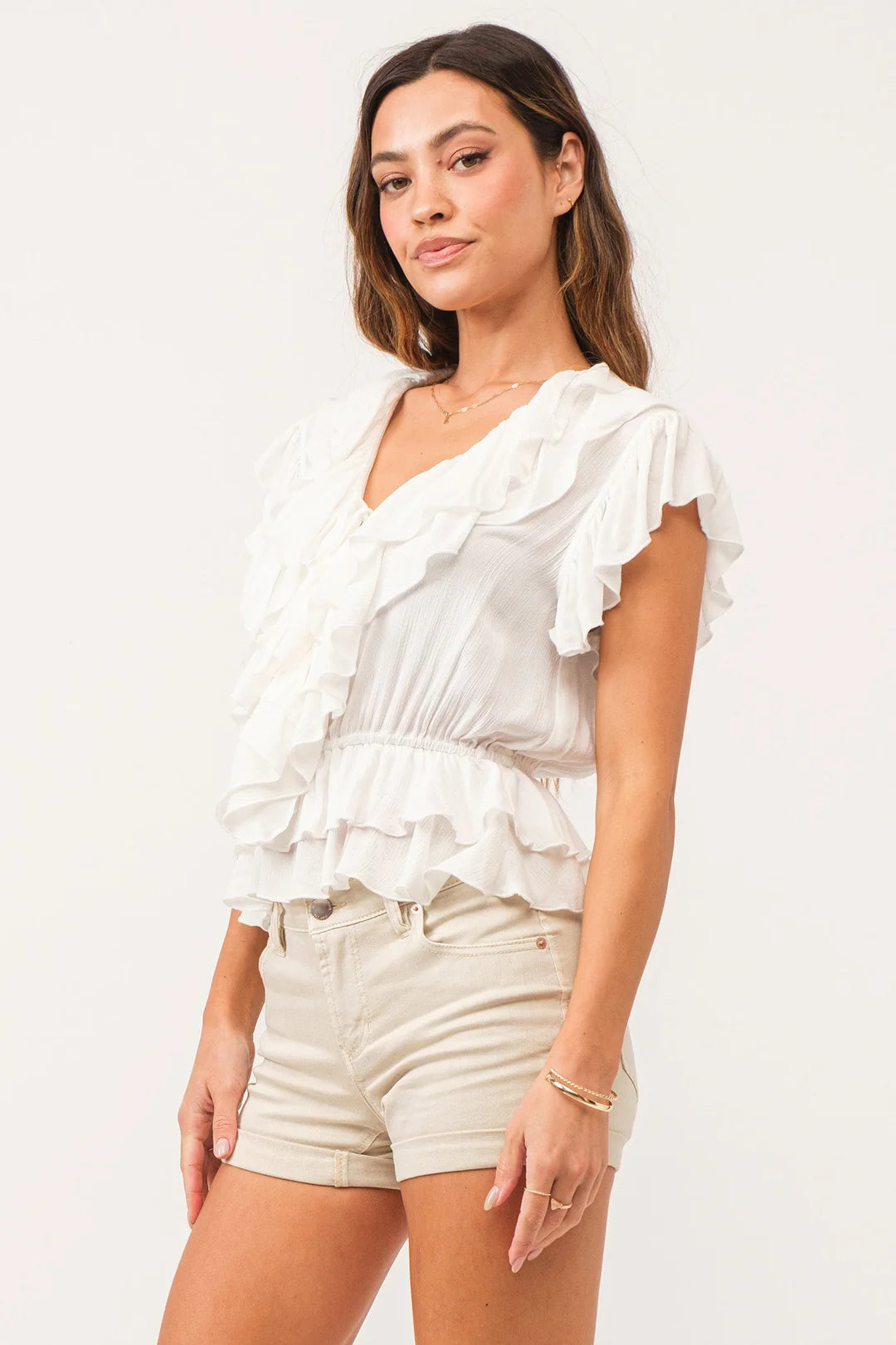 TRISTEN MULTI RUFFLE TOP WHITE