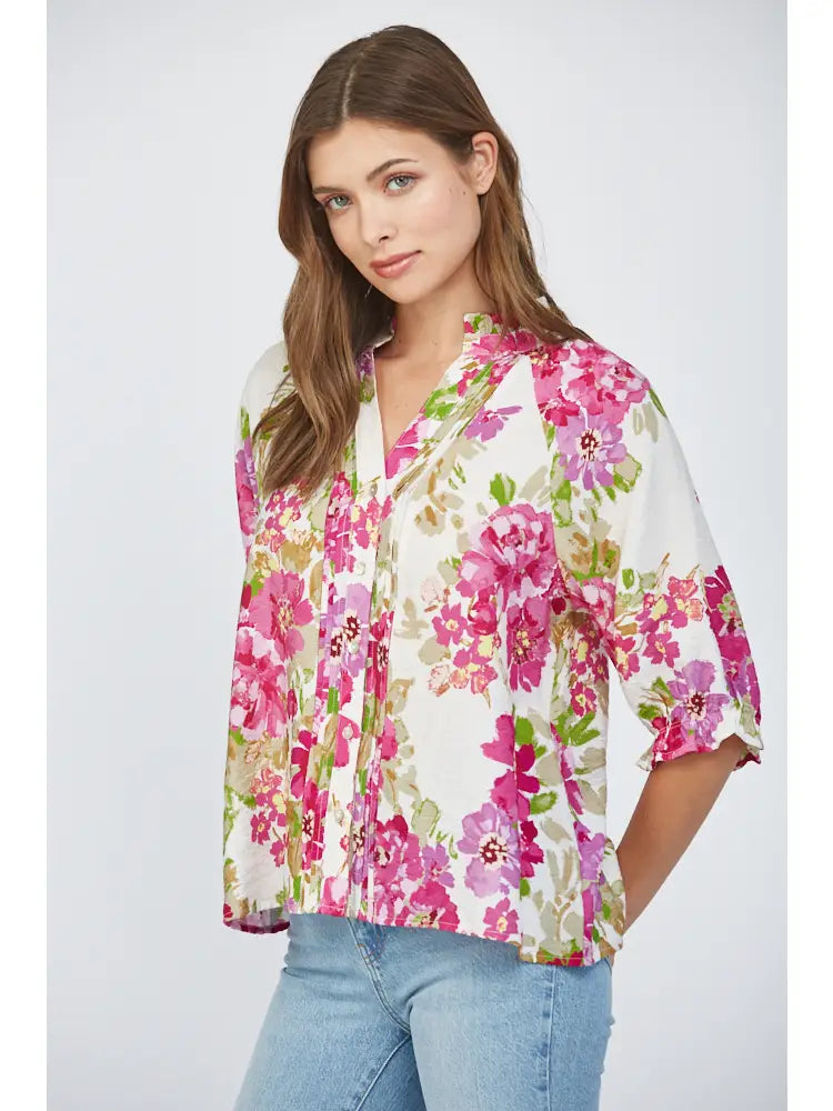 Floral Print Pintuck Detail Split Neck Blouse