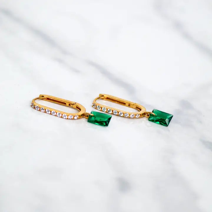 Bon Bon Rectangle Huggies-Emerald Dangle Earrings