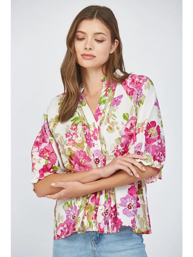 Floral Print Pintuck Detail Split Neck Blouse