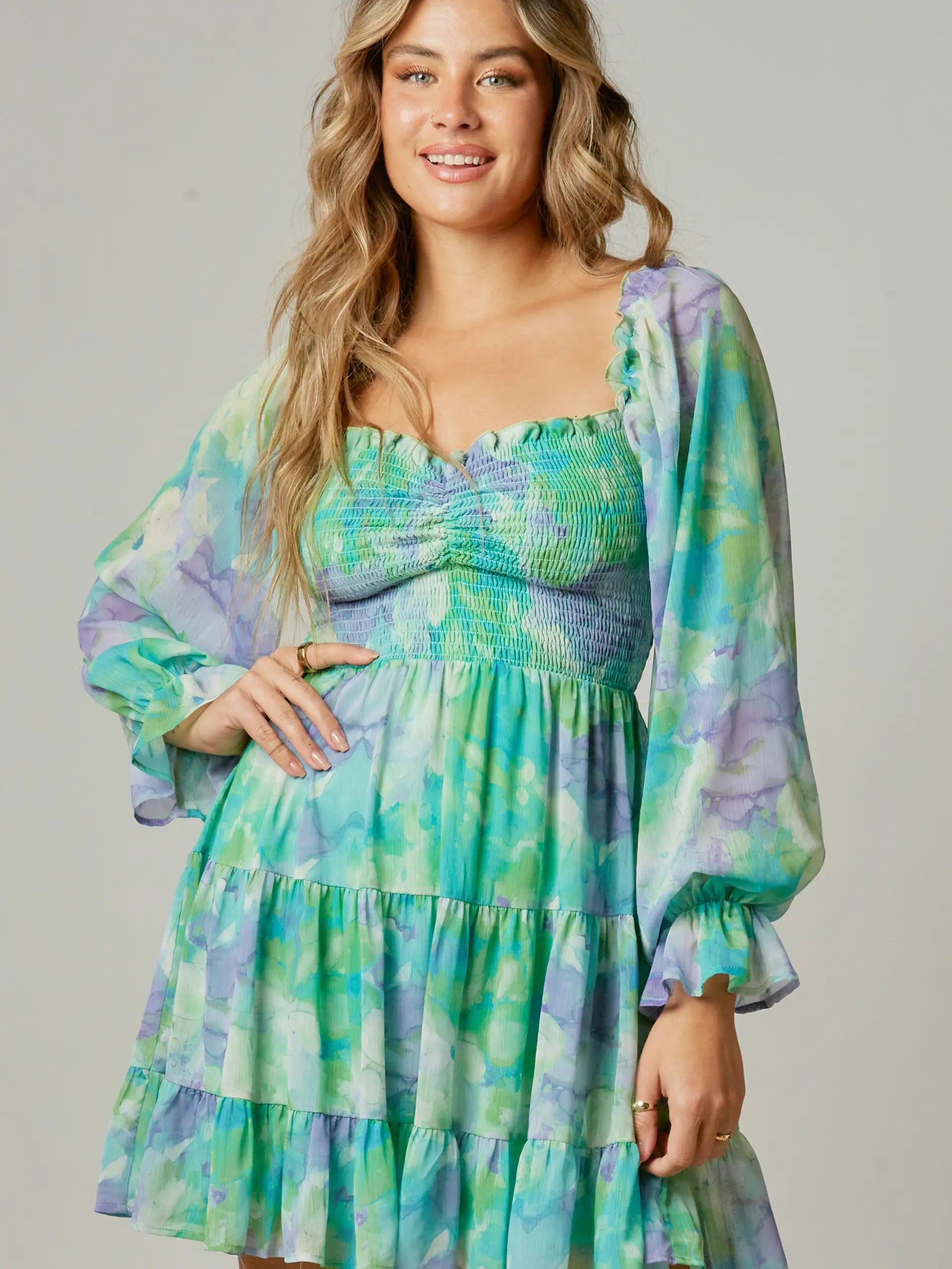 Watercolor Print Smocked Mini Dress