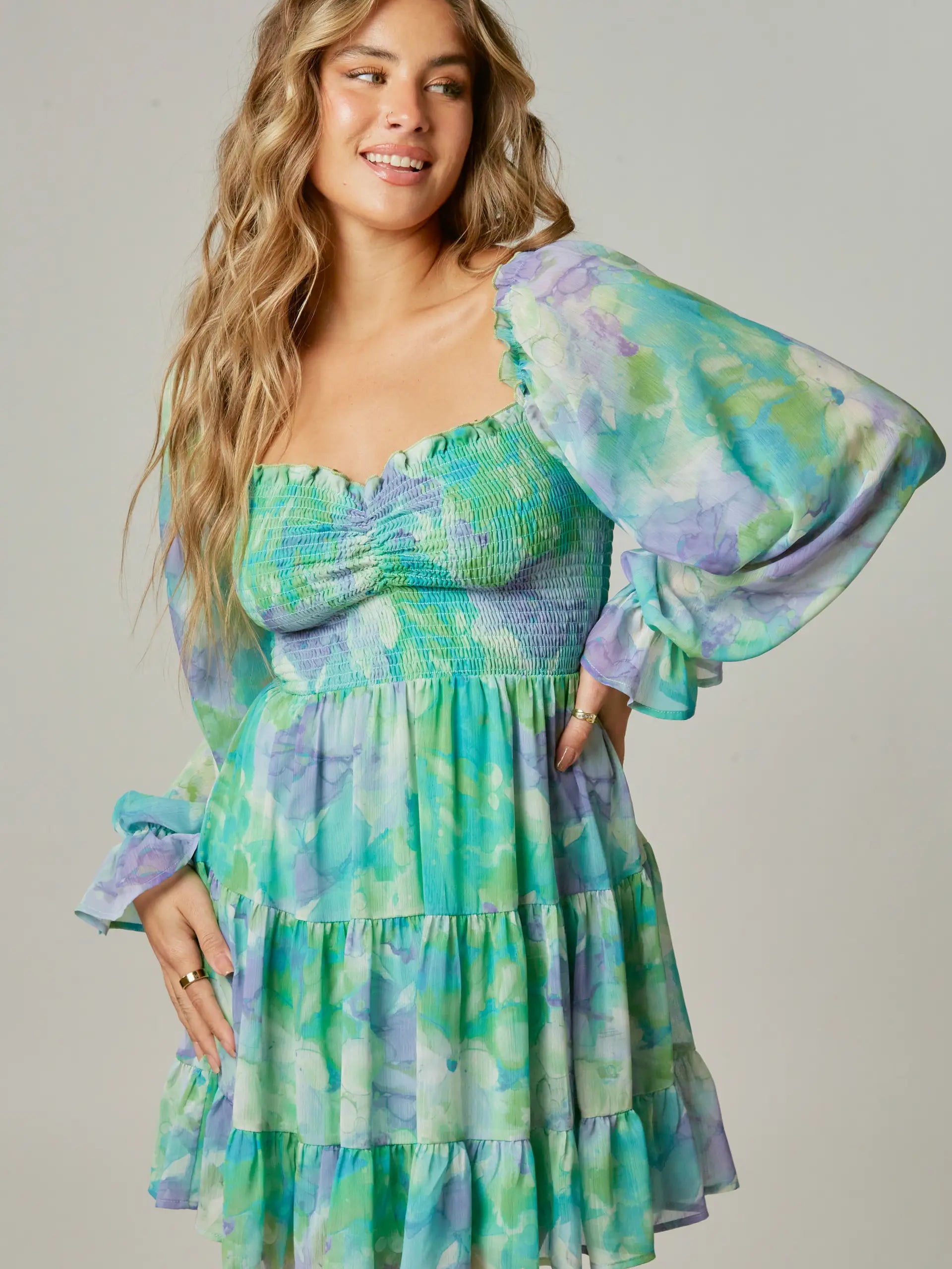 Watercolor Print Smocked Mini Dress