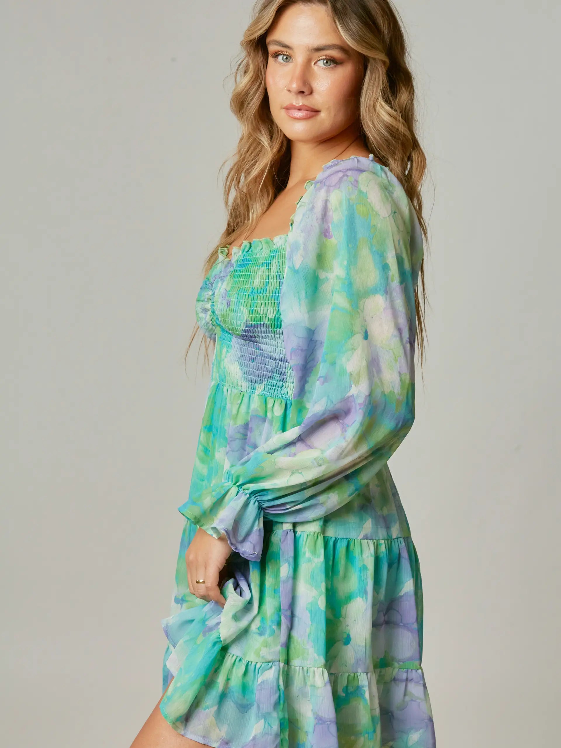 Watercolor Print Smocked Mini Dress