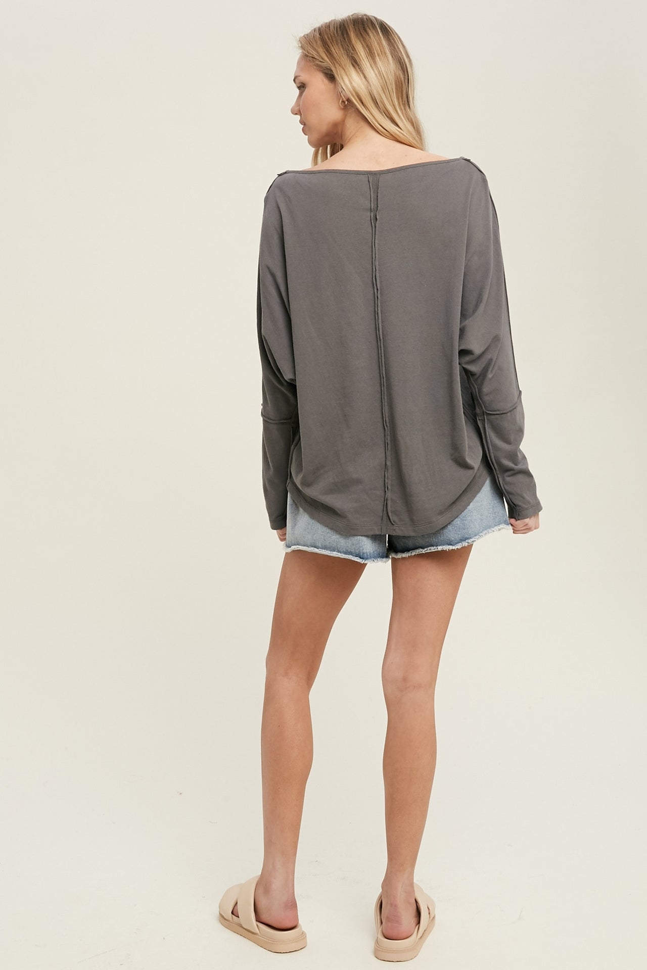 WISHLIST BOAT NECK KNIT TOP WITH RAW EDGE DETAIL