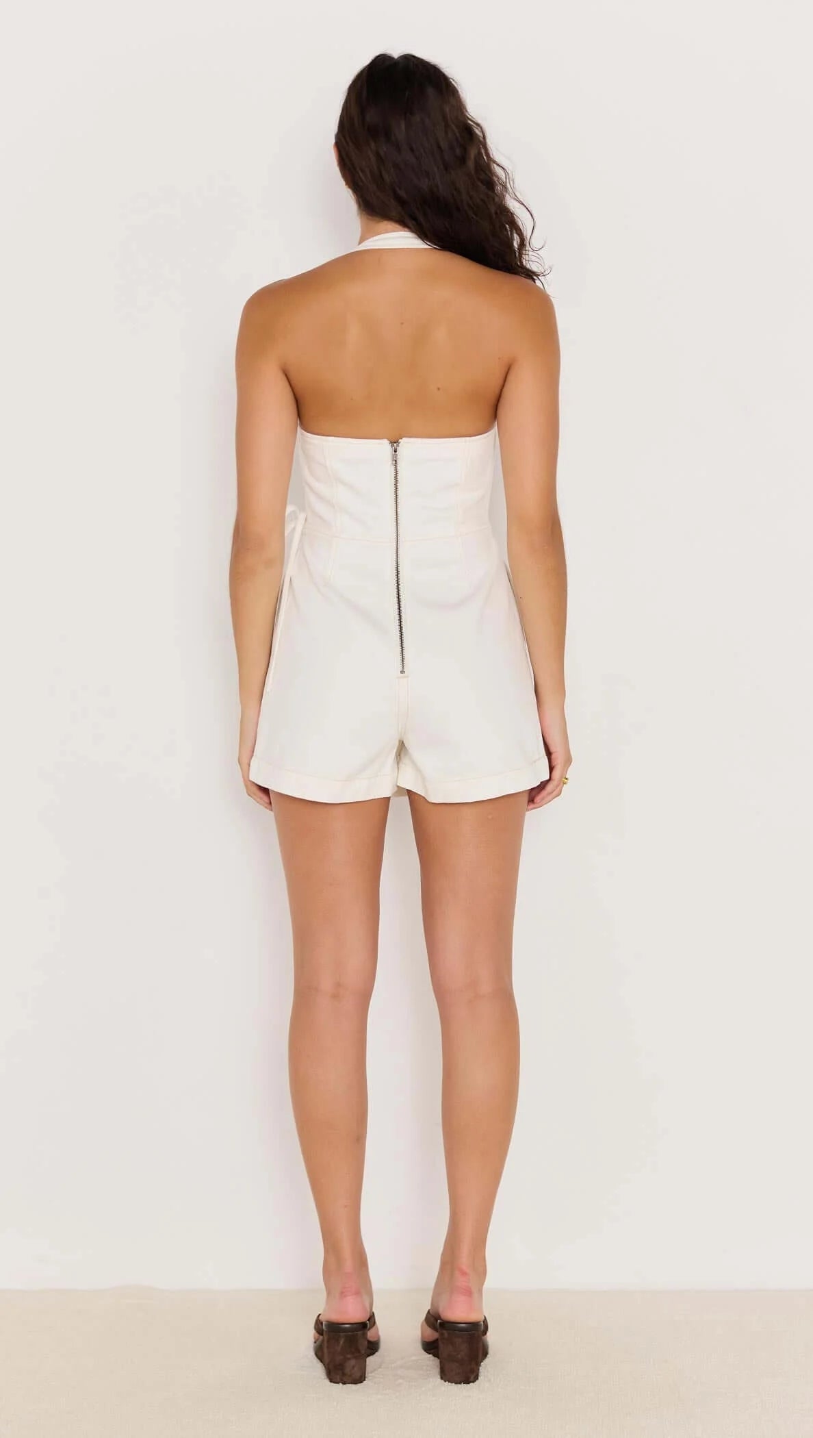 WHITE DENIM WRAP HALTER-NECK PLAYSUIT