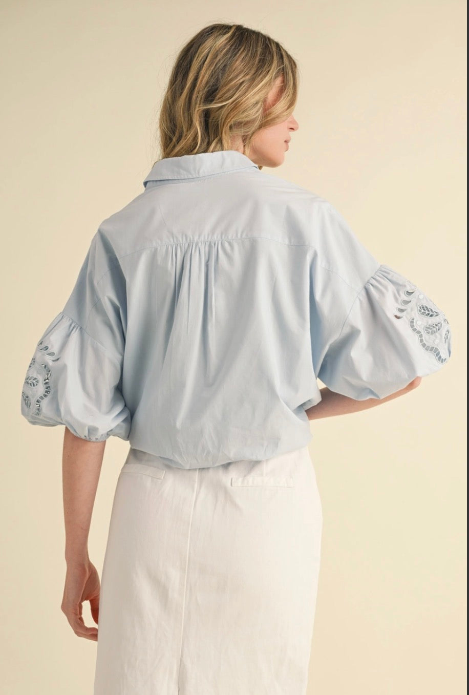 Cut Out Embroidered Bubble Sleeve Top