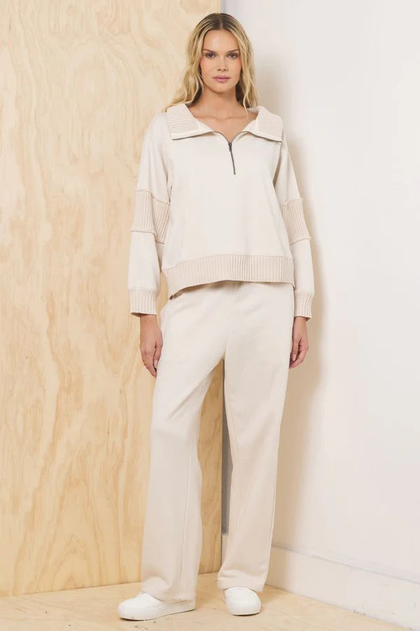Fleece Quarter Zip w/ Rib Detail - Bone
