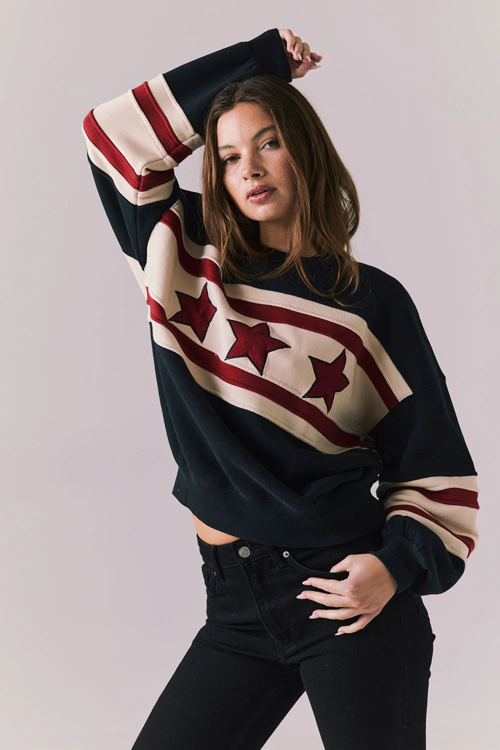 Allstar Colorblock Pullover – Black Sweatshirt with Red Star Print