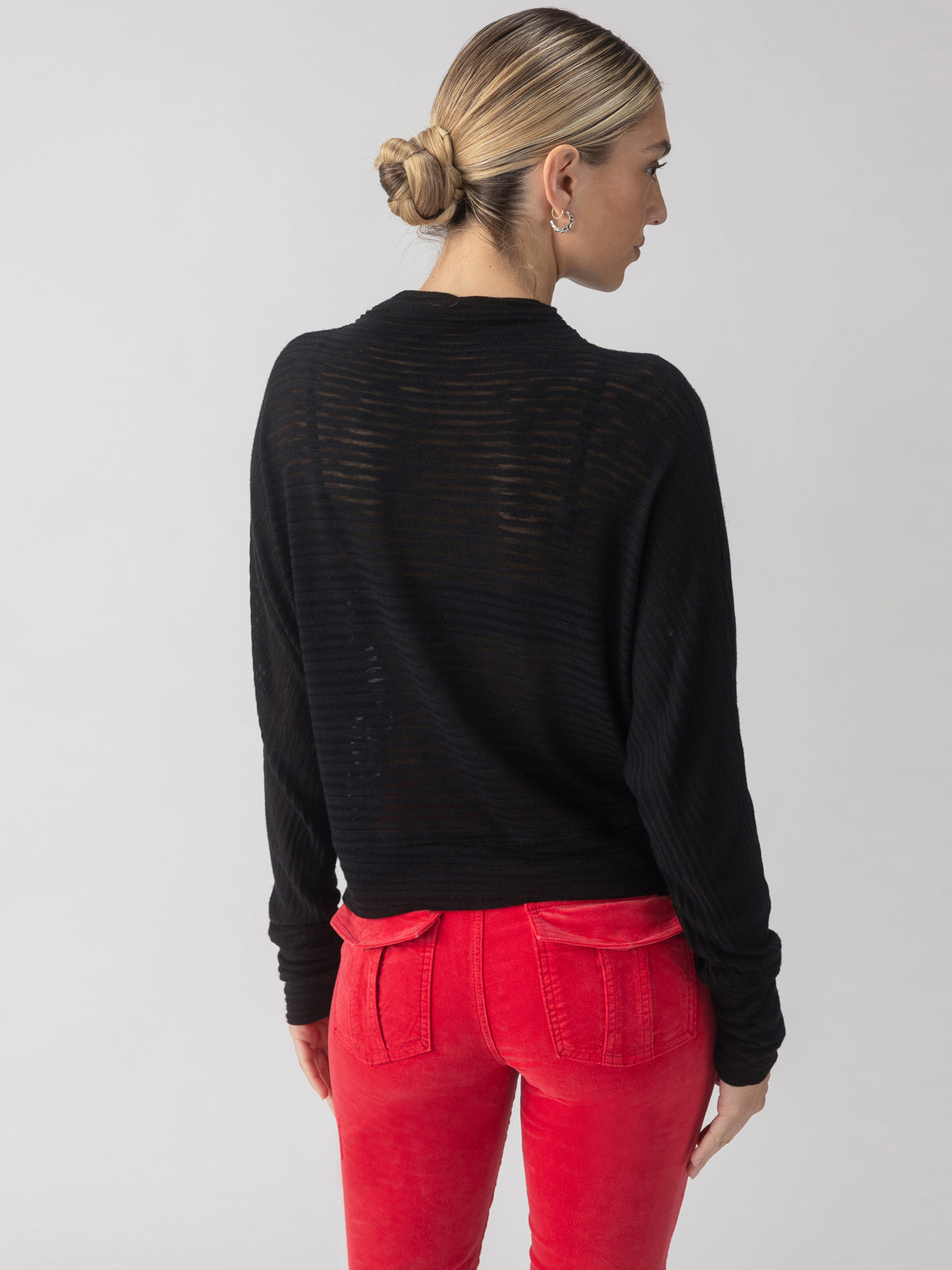 SHEER STRIPE FUNNEL NECK TOP BLACK