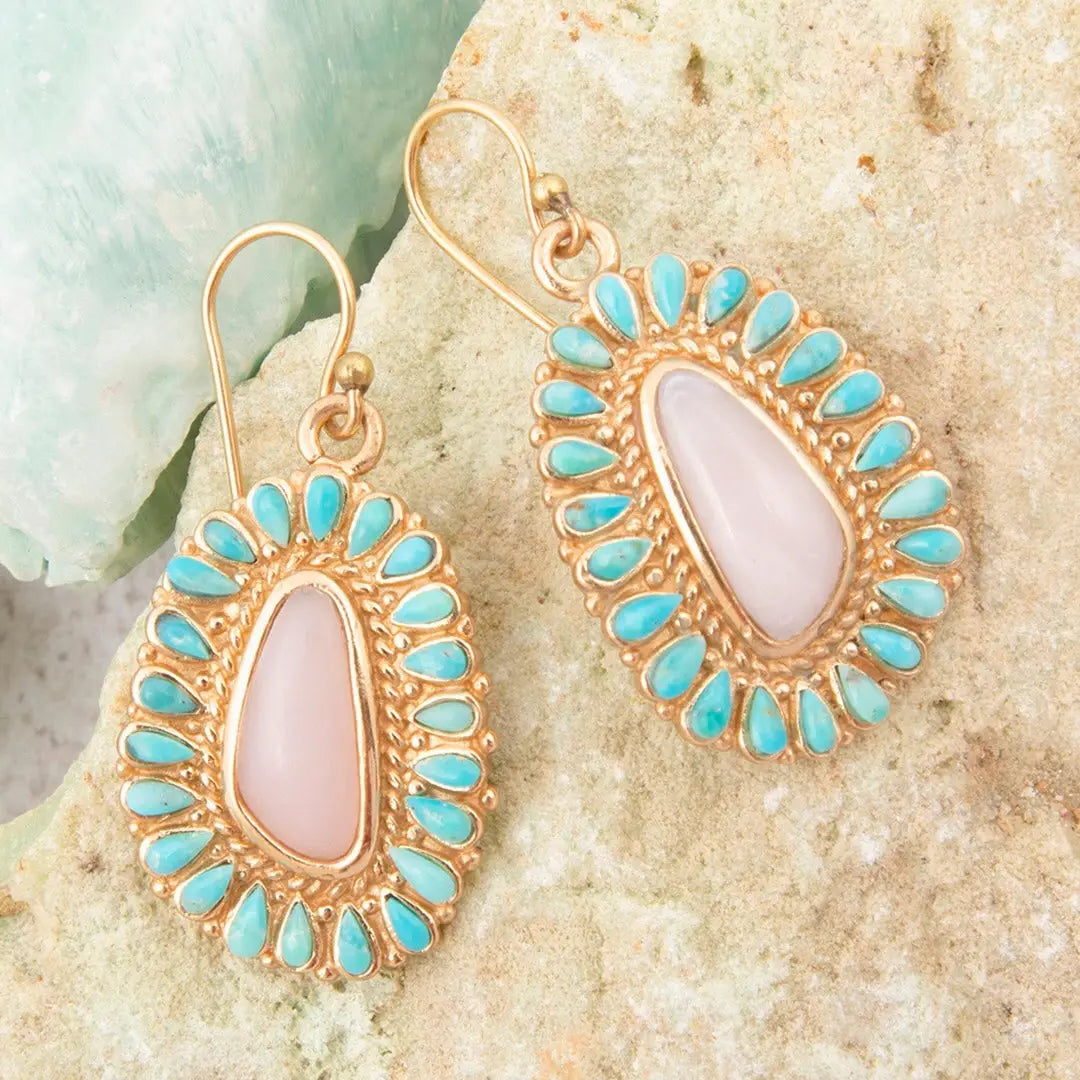 Cactus Rose Pink Opal and Blue Turquoise Golden Earrings