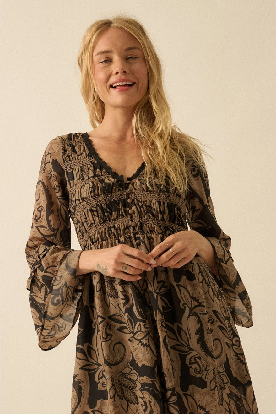 Floral Smocked Bell-Sleeve Button-Front Midi Dress