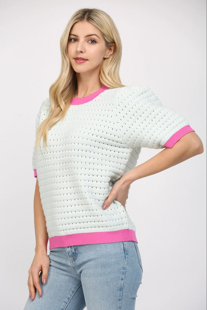 Puff Sleeve Croppped Sweater Top with Contrast Band