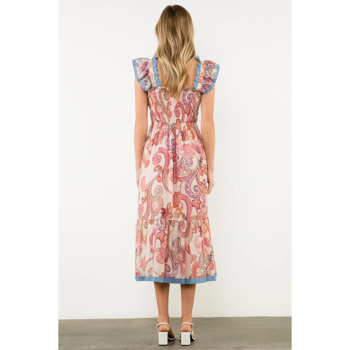 Smocked Flutter Sleeve Paisley Print Maxi Dress
