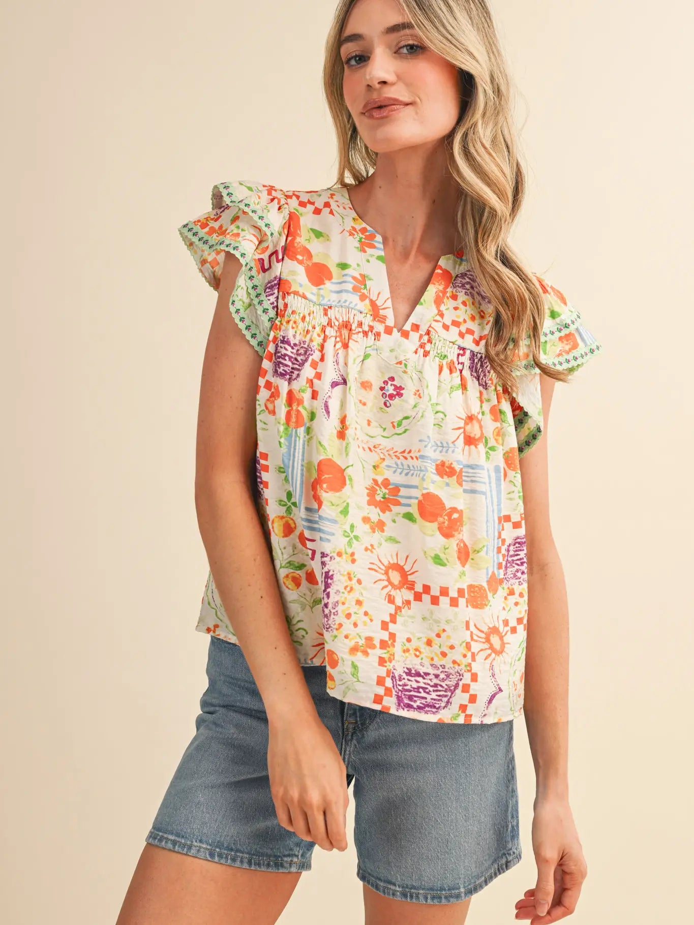 Summer Print Flutter Sleeve Floral Trim Top