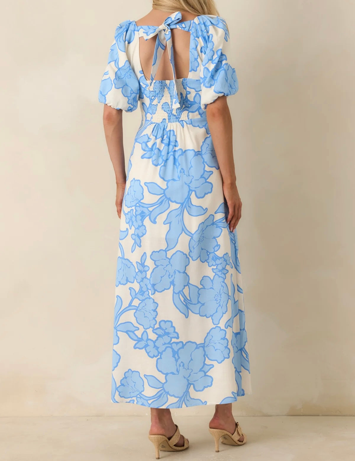 ALESSIA BLUE & IVORY FLORAL COTTON BLEND MIDI DRESS