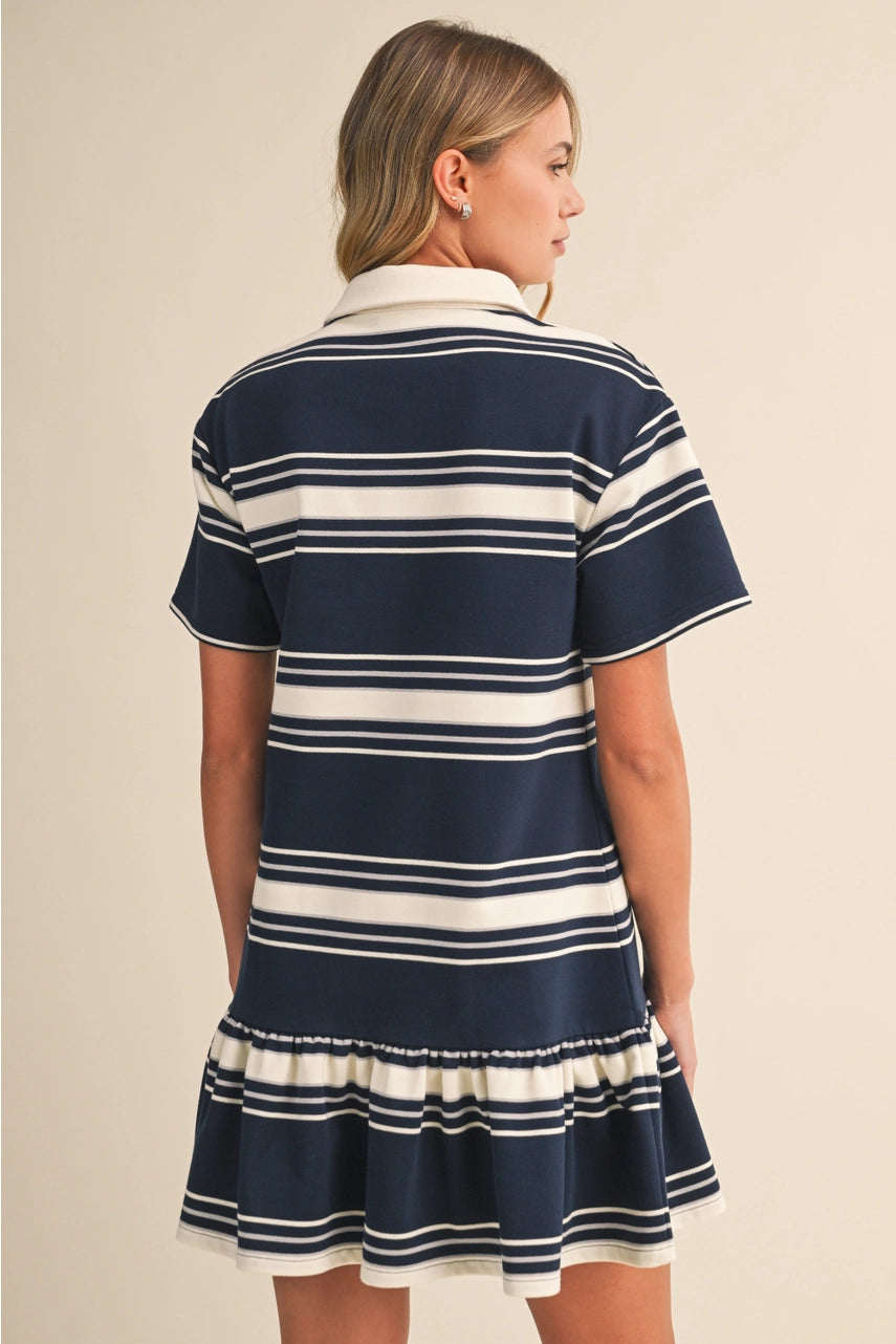 Stripe Short Sleeve Bottom Ruffled Rugby Mini Dress