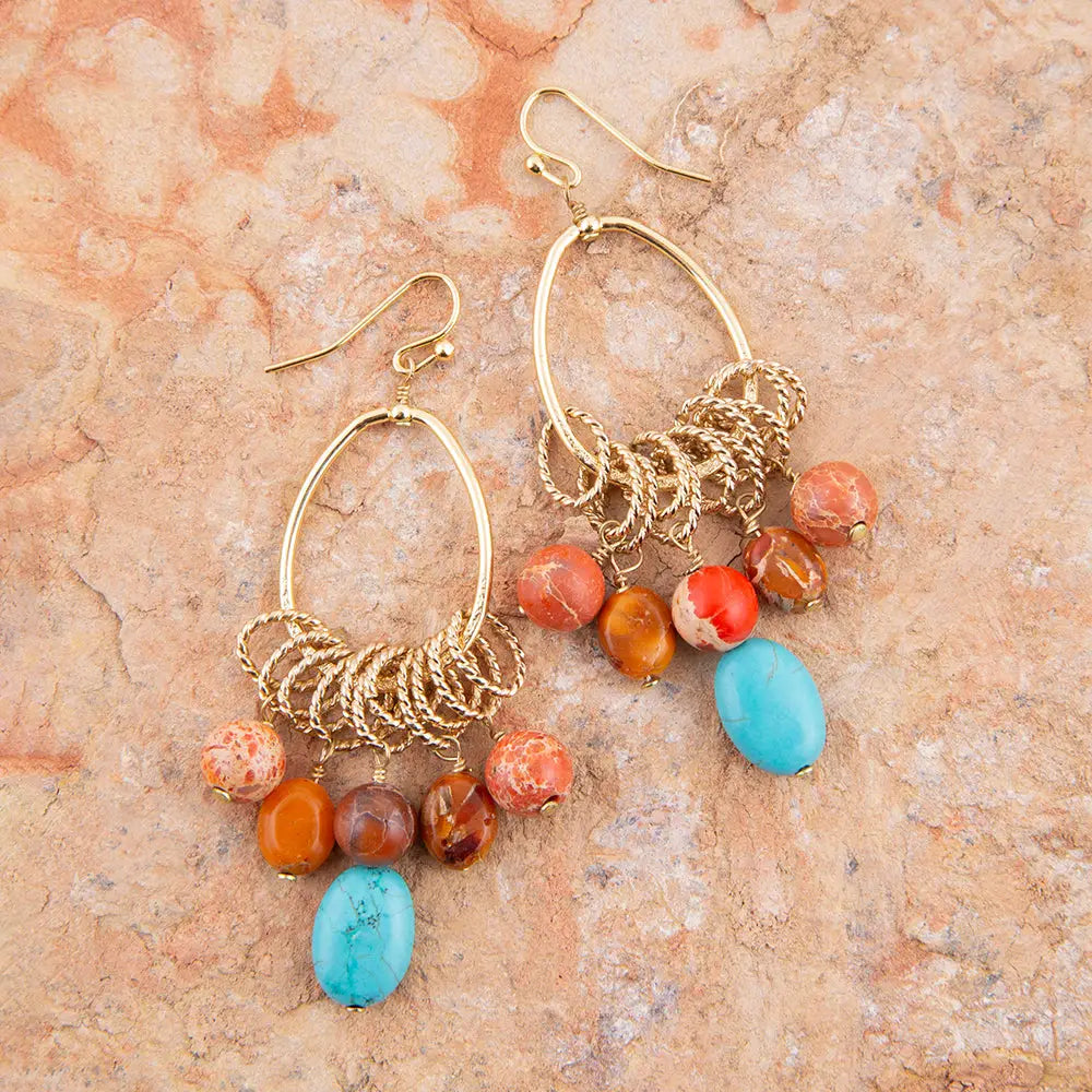 Canyon Blue Magnesite and Orange Jasper Golden Chandelier Earrings