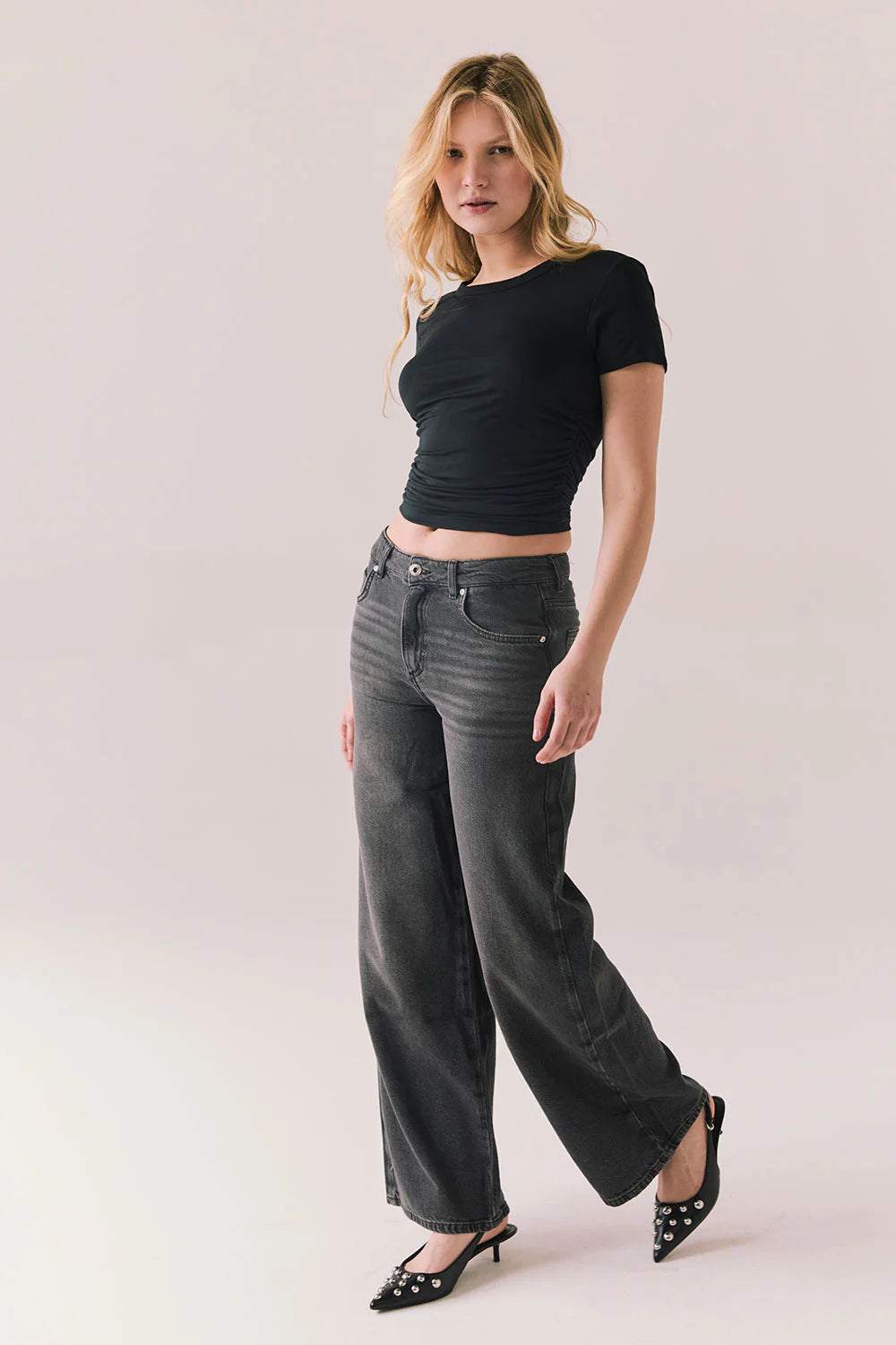 Louis Black Cropped Tee – Ruched Side T-Shirt with High Neck