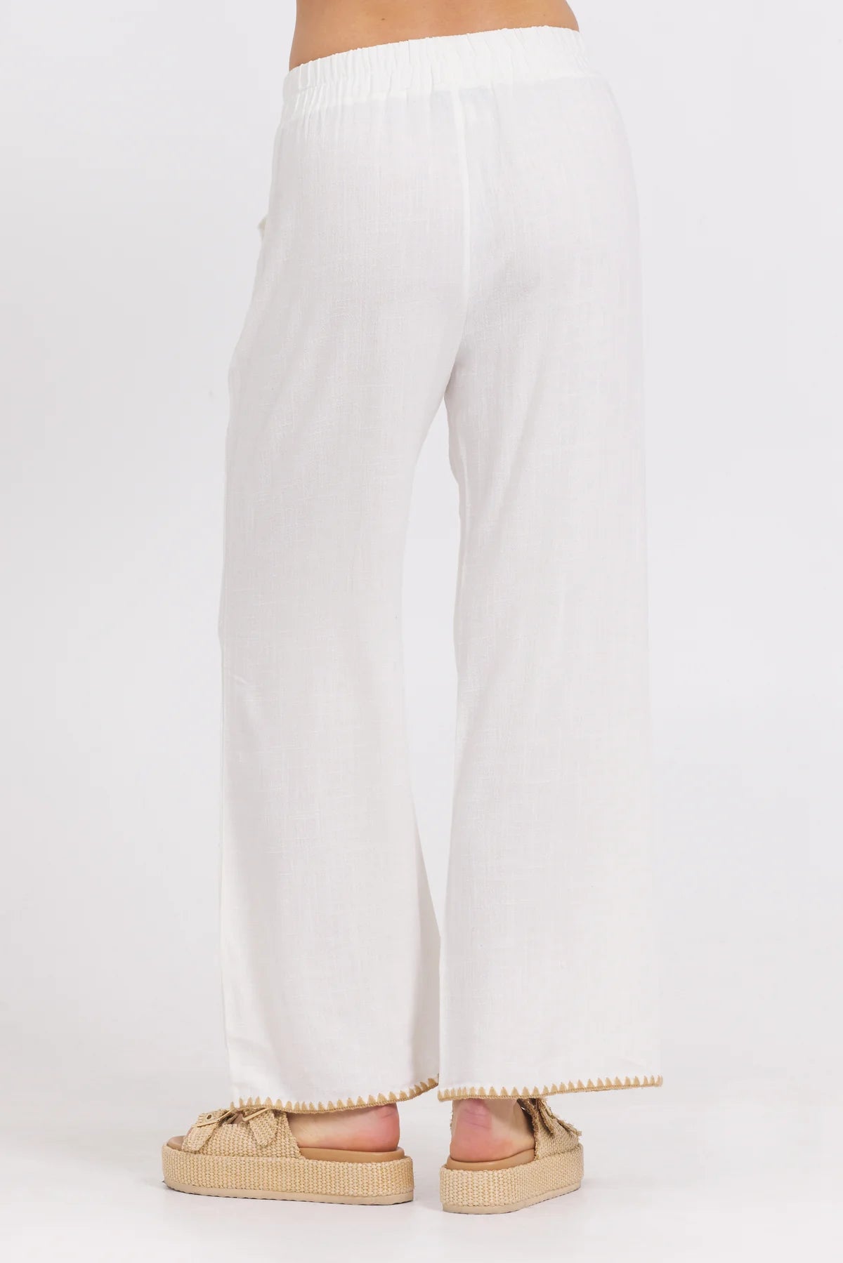 White Wide Leg Pant w/ Tan Whip Stitch