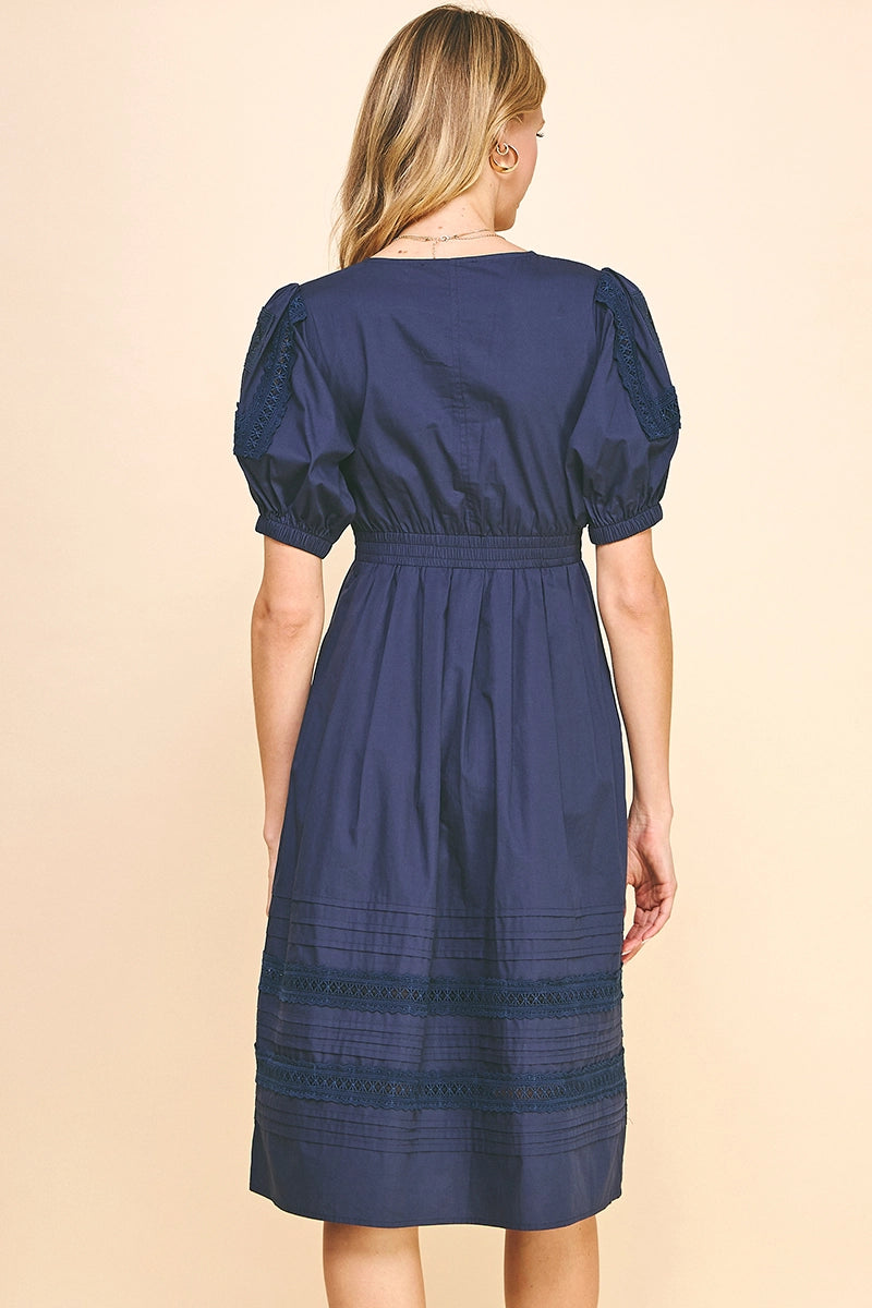 Lace Detail Knee Length Dresss - Navy