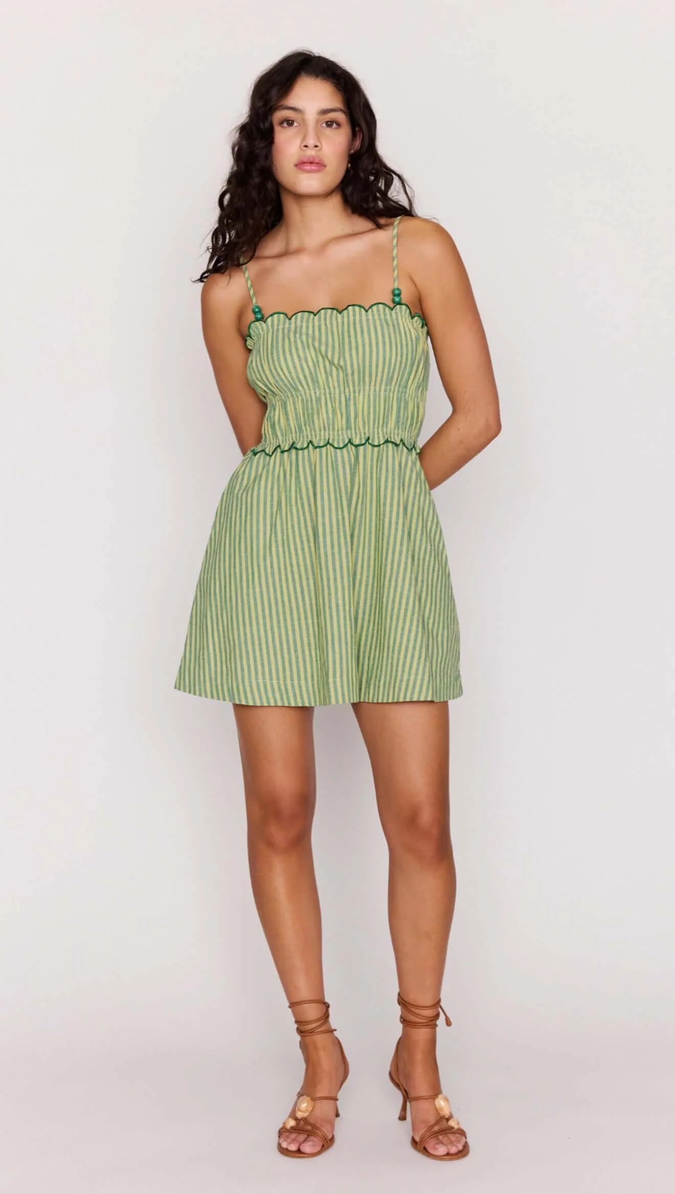 GREEN STRIPED LINEN BLEND SCALLOP MINI DRESS