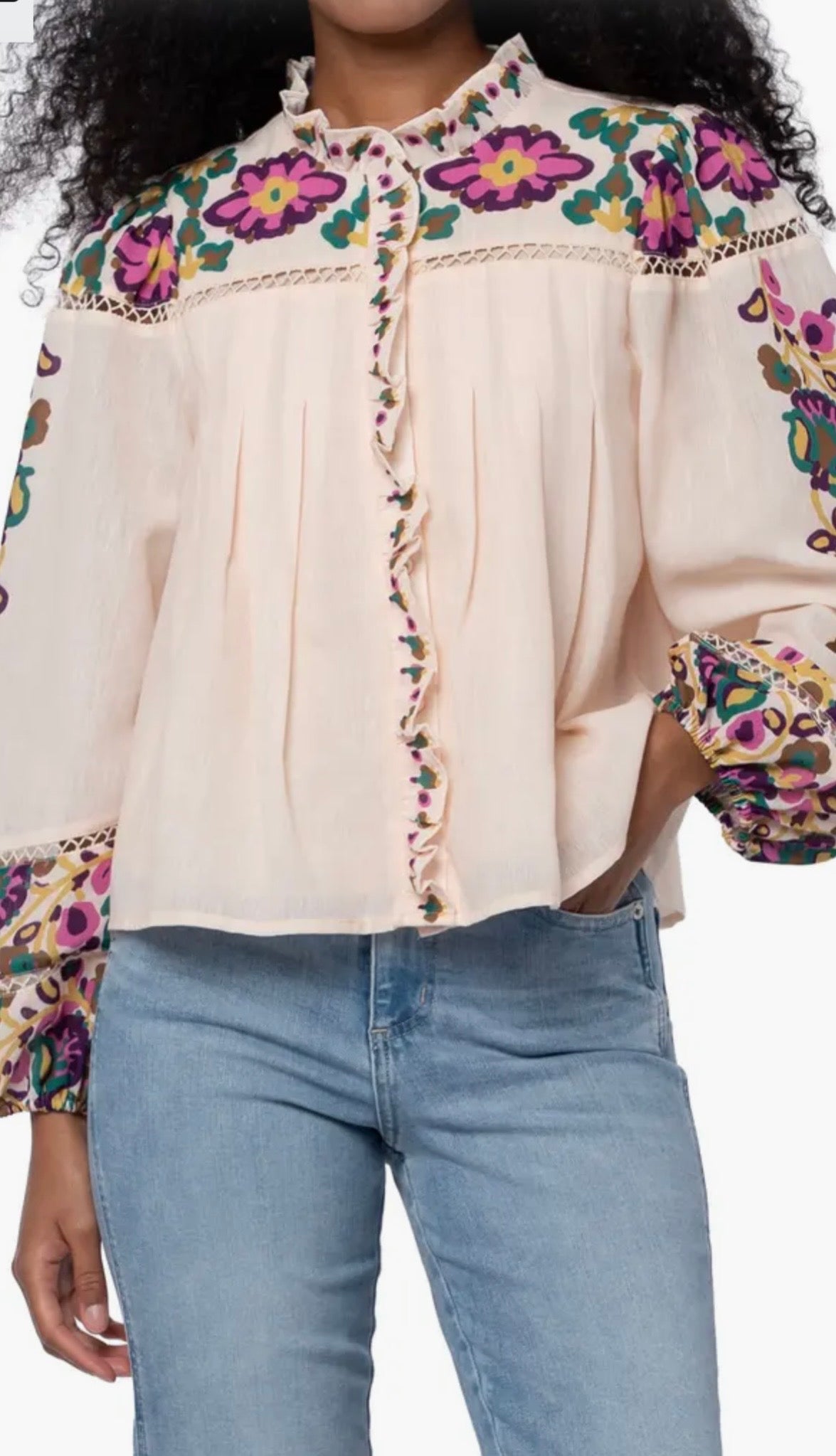 Isme Placed Floral Ruffle Placket Button-Up Shirt