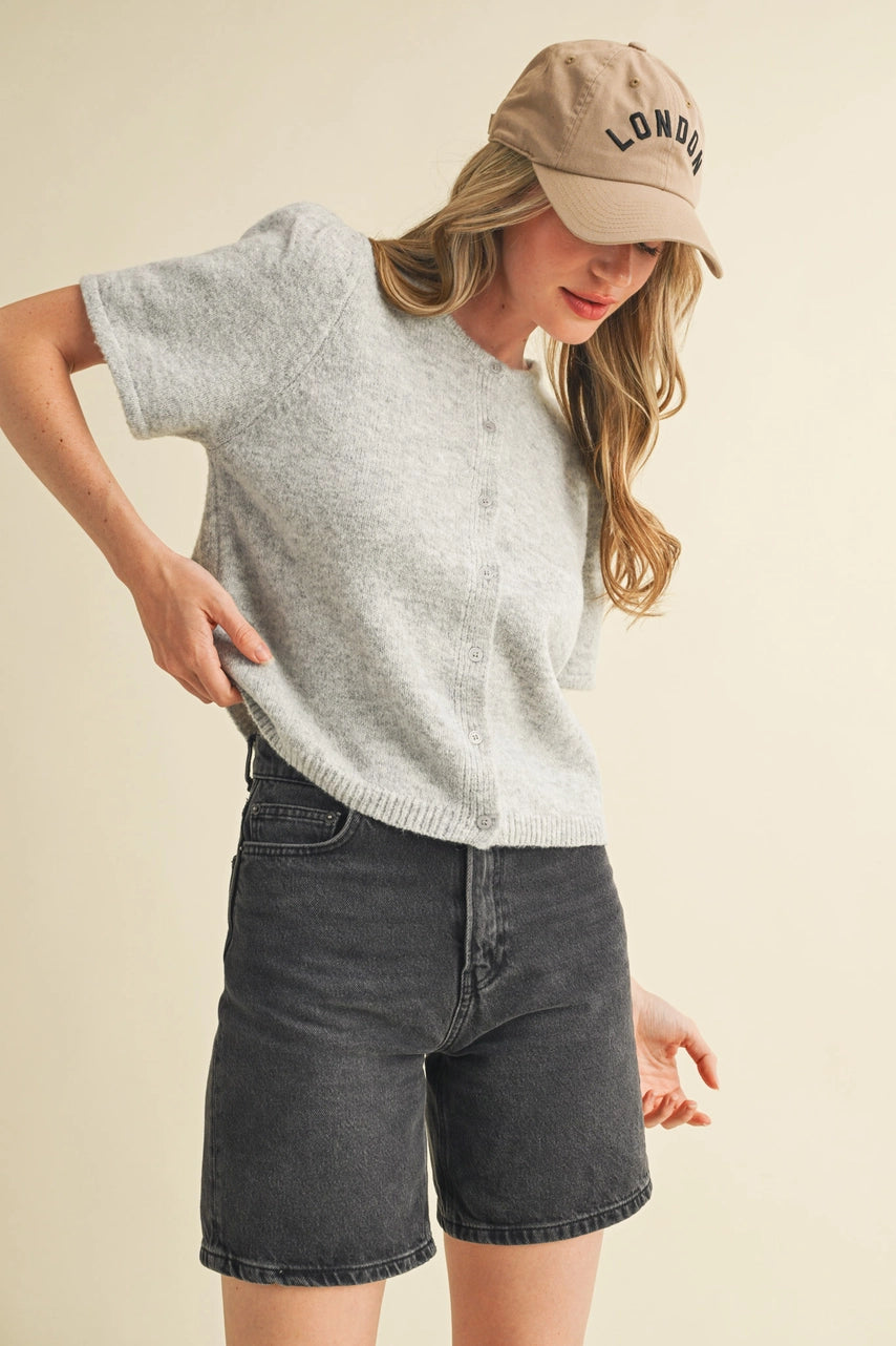 Short Puff Sleeve Sweater Cardigan