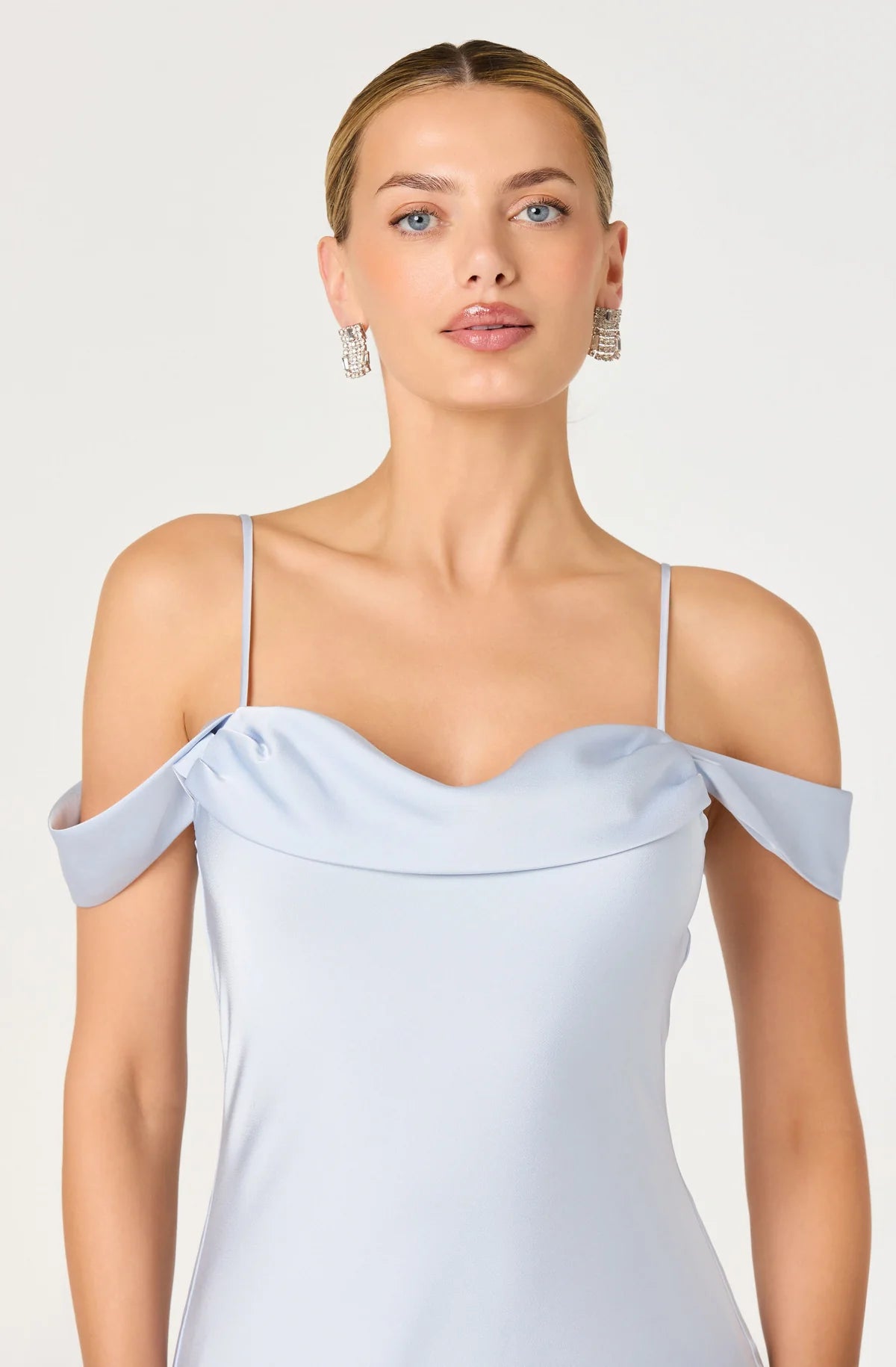 Araxie Satin Off-Shoulder Godet Midi Dress