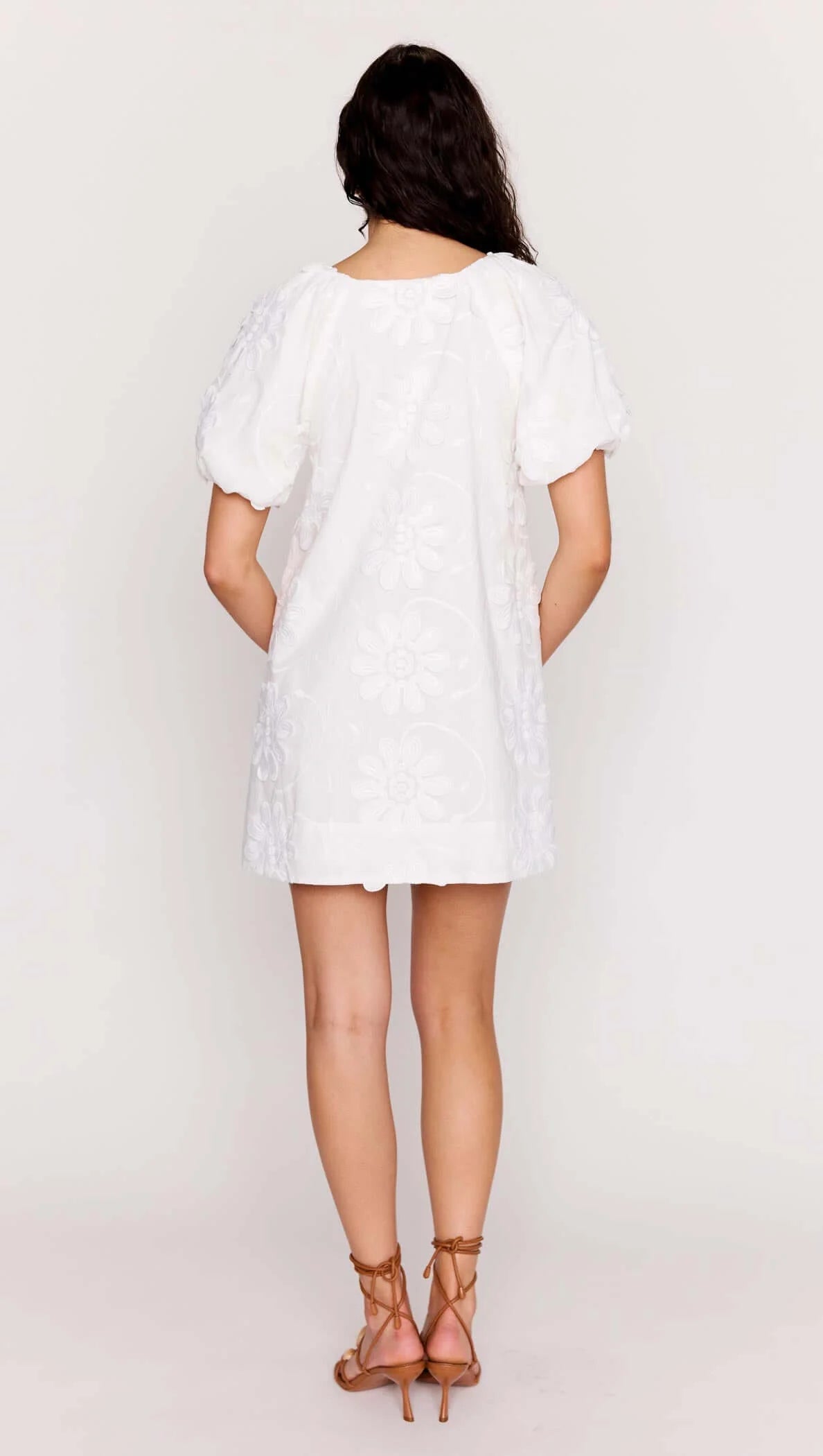 WHITE COTTON FLORAL APPLIQUE SMOCK MINI DRESS