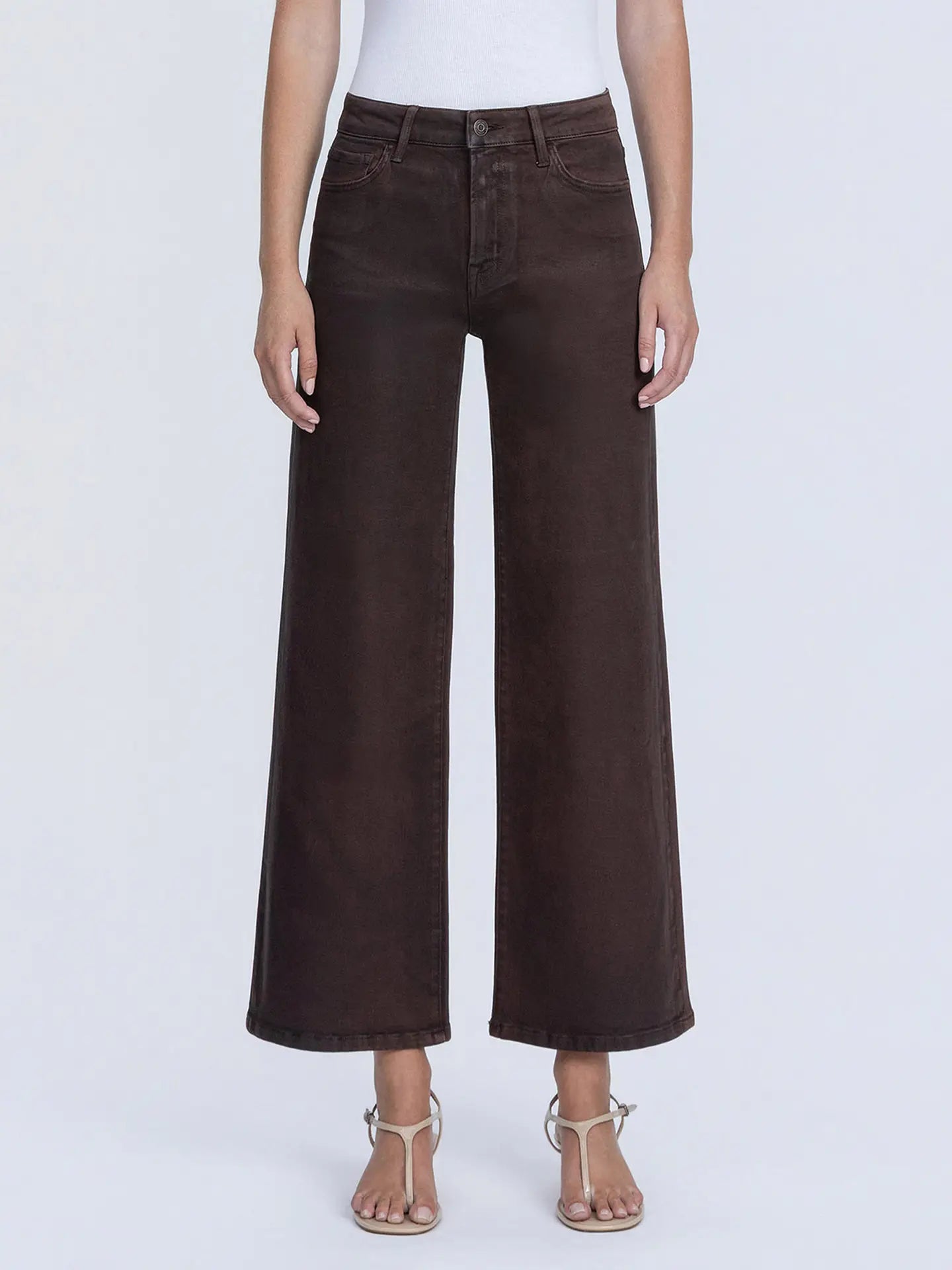 High Rise Chicory Coffee Coated Wide Leg Jeans
