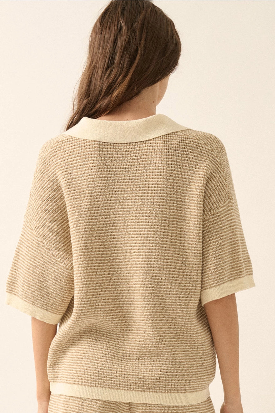 Striped Rib-Knit Collared Split-Neck Top