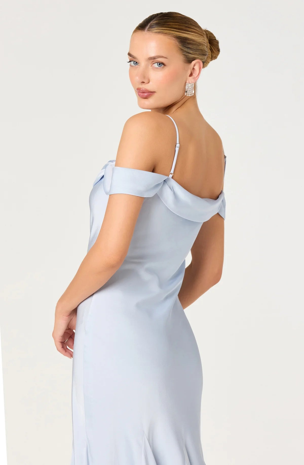 Araxie Satin Off-Shoulder Godet Midi Dress