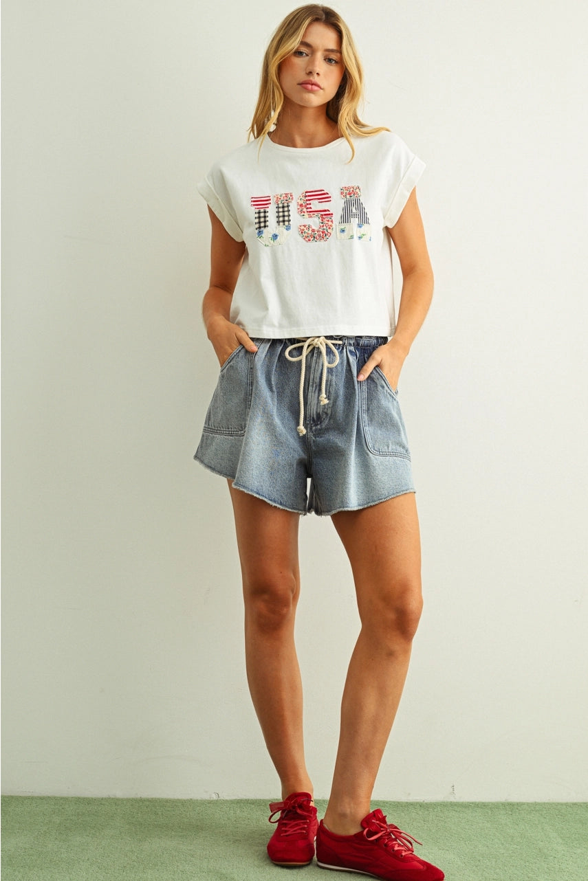 USA Floral Patchwork Front T Shirts