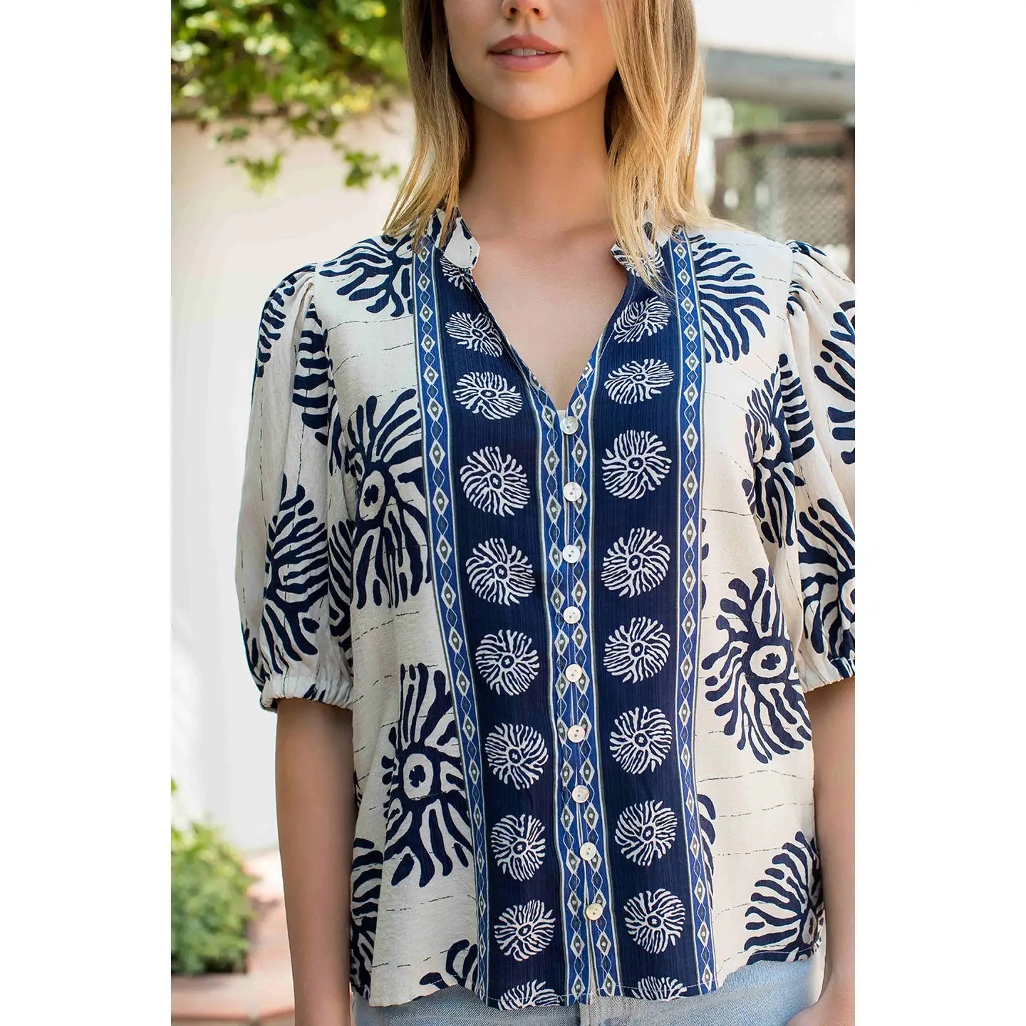 Puff Sleeve Button Front Abstract Print Top