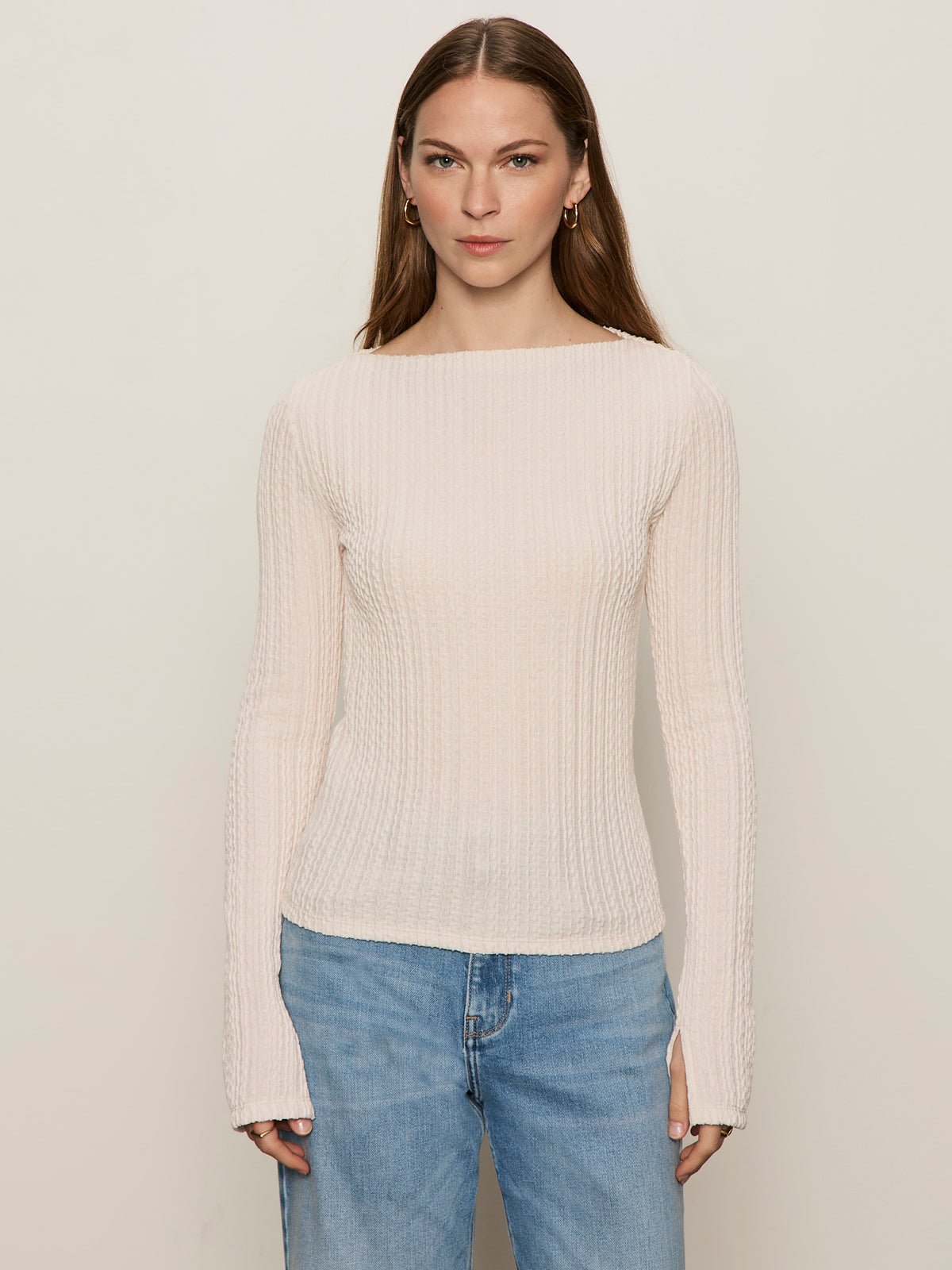 LONG SLEEVE BOATNECK TEXTURED TOP PINK MILK