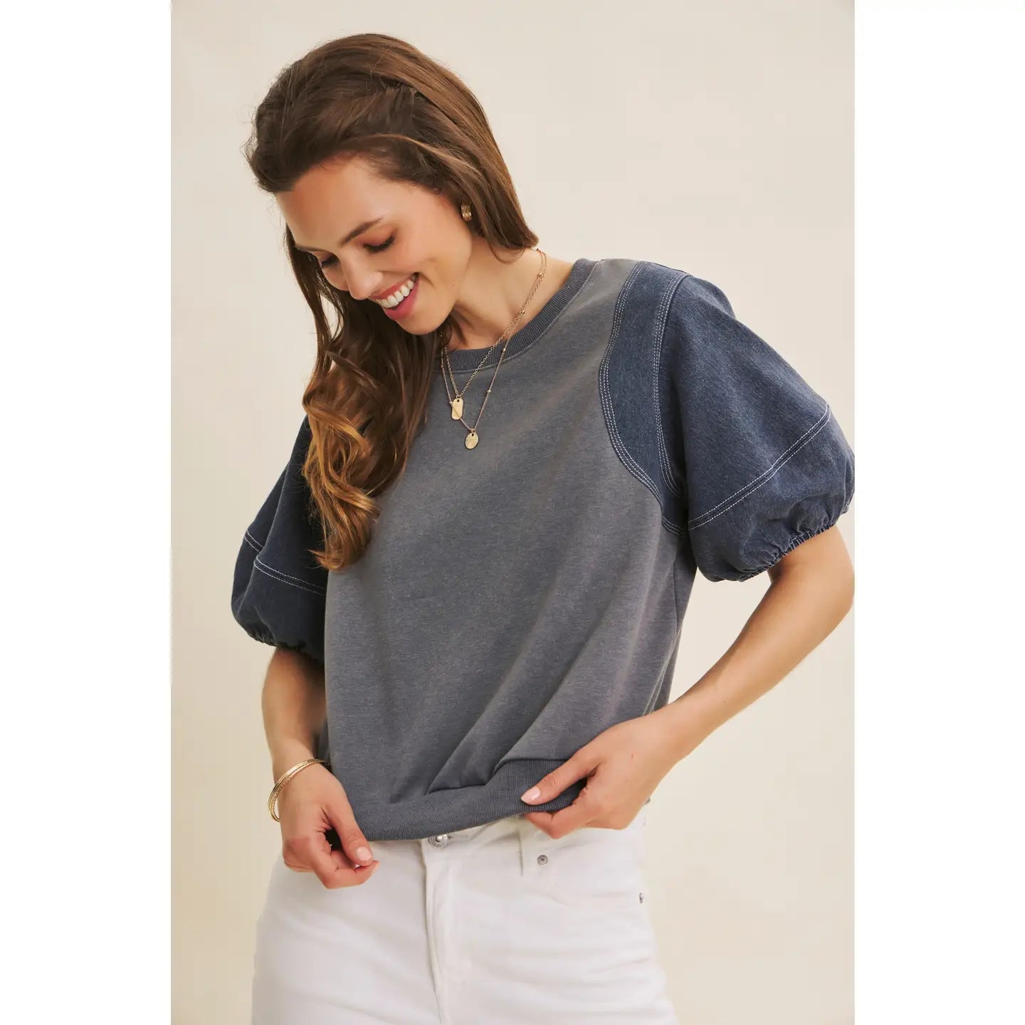Mineral-Washed Fabric Mix Top with Contrast Stitching
