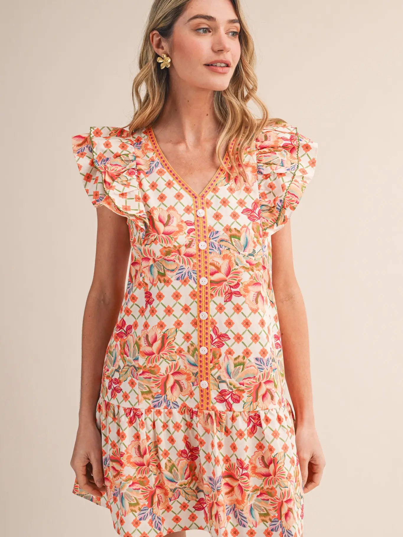 Floral Print Flutter Sleeve Mini Dress