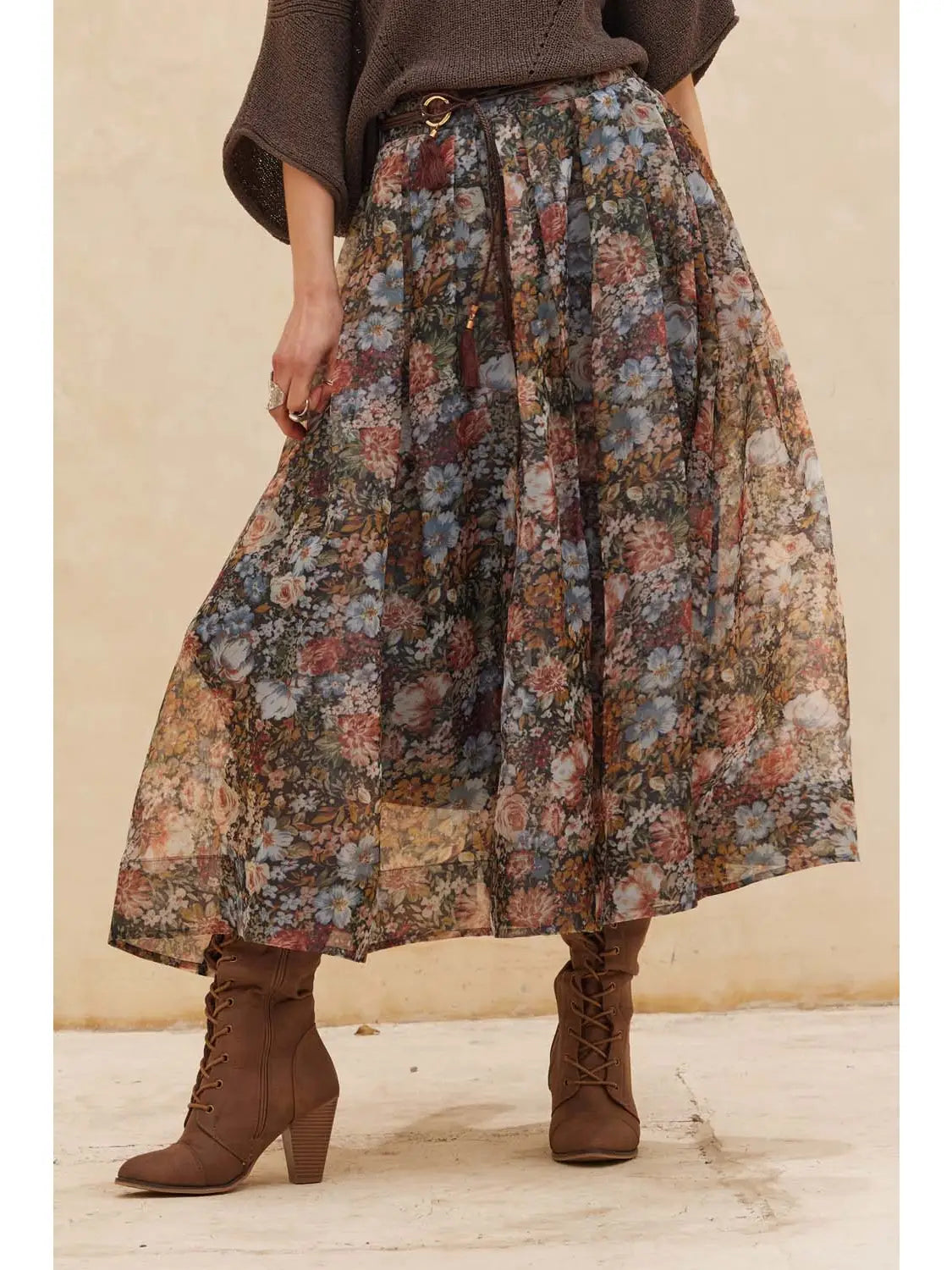 Floral-Print Organza Pleated Midi Skirt