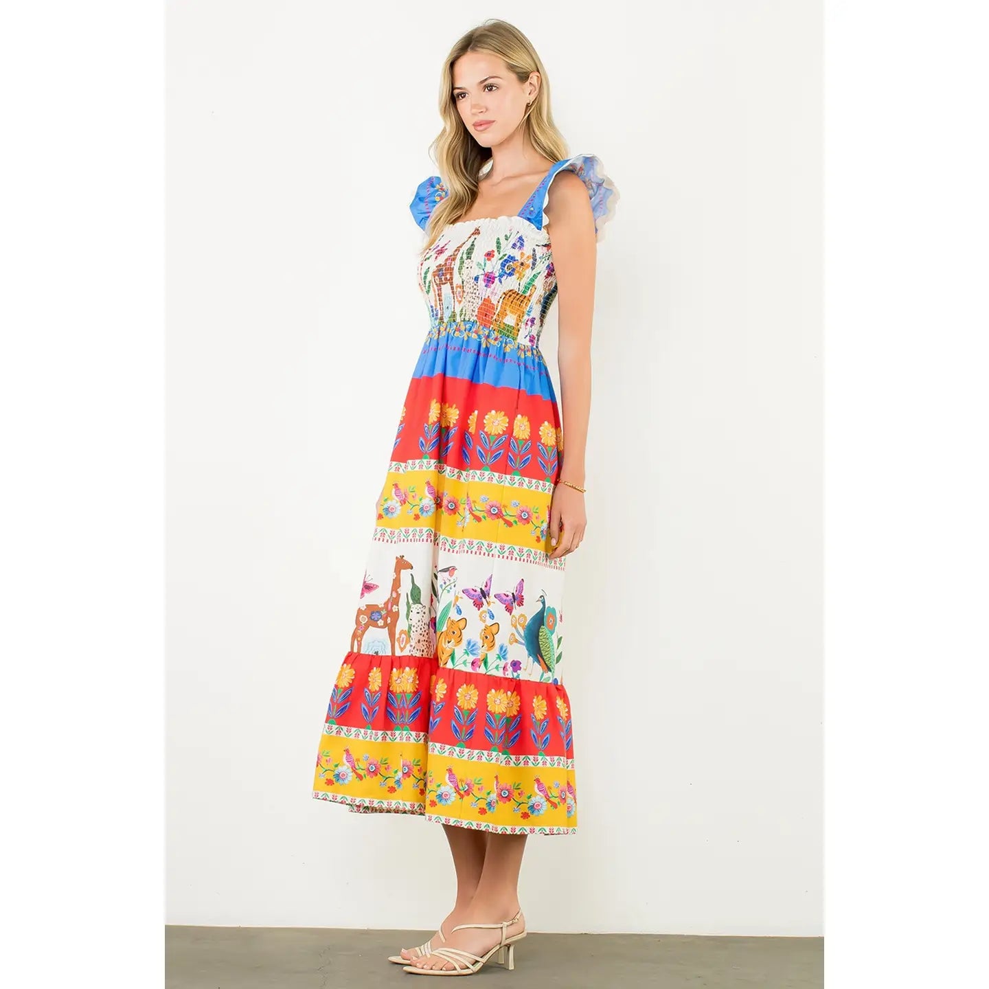 Smocked Flutter Sleeve Animal Print Maxi Dress