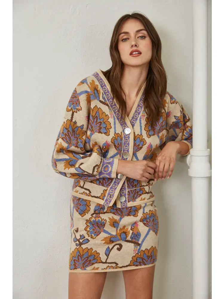 Jacquard Knit V-Neck Button Closure Cardigan