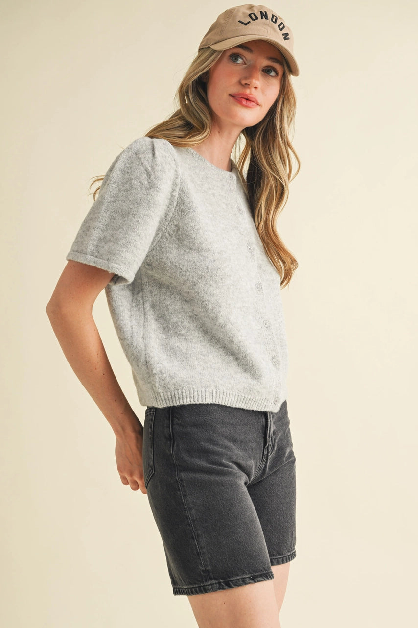 Short Puff Sleeve Sweater Cardigan