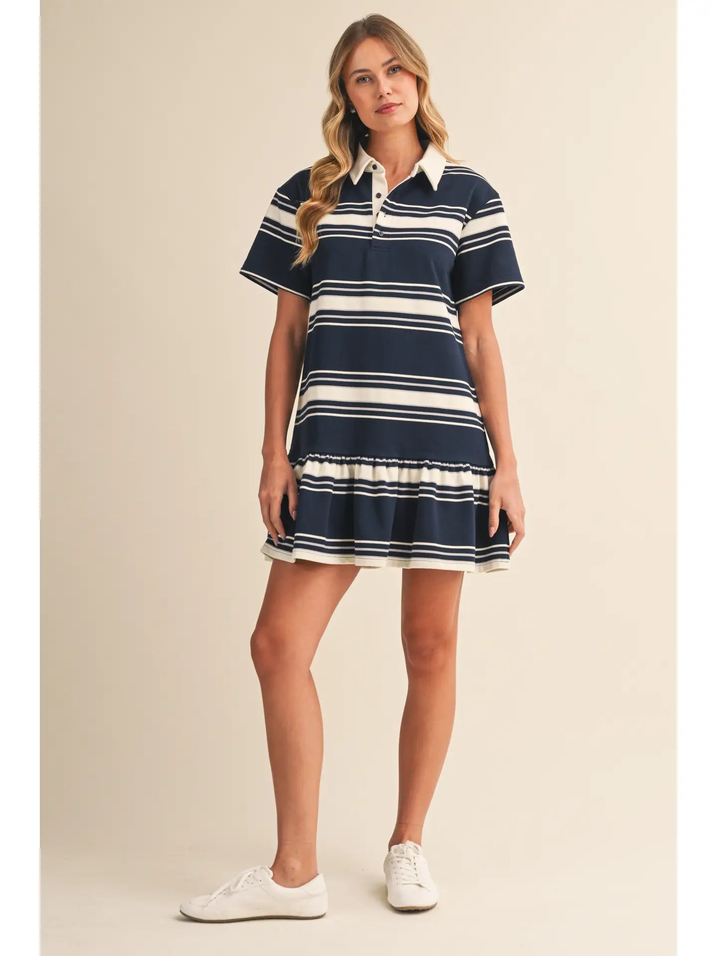 Stripe Short Sleeve Bottom Ruffled Rugby Mini Dress