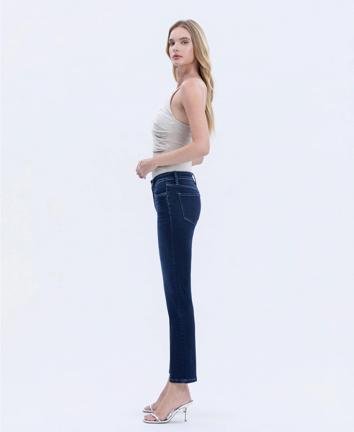 Mid Rise Dark Wash Ankle Slim Straight Jeans