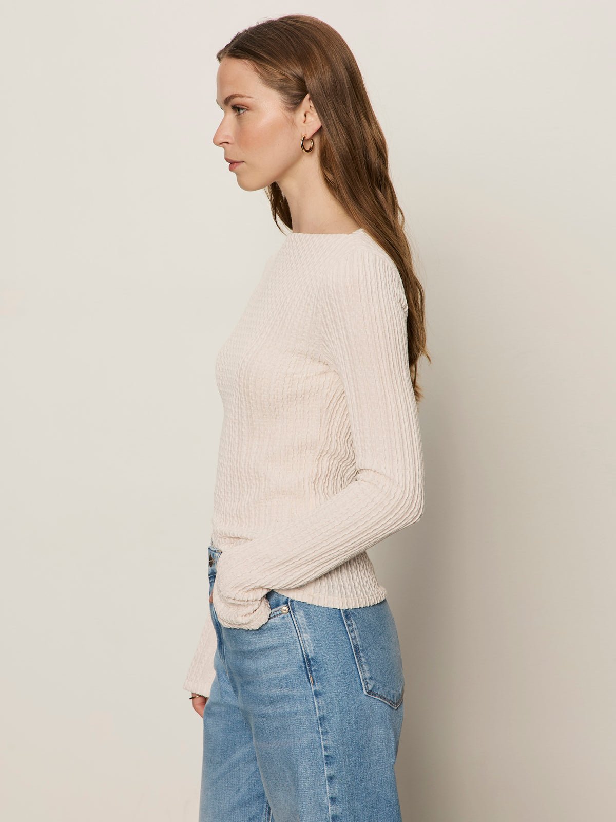 LONG SLEEVE BOATNECK TEXTURED TOP PINK MILK