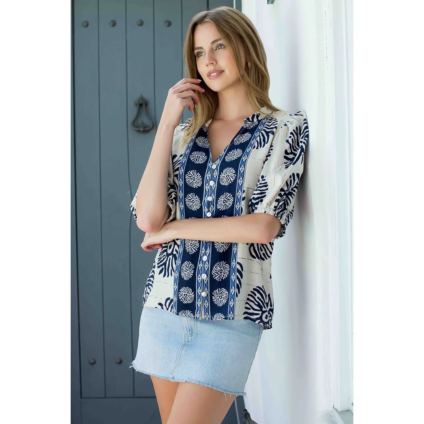 Puff Sleeve Button Front Abstract Print Top